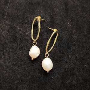 Gold Pearl Dangly Earrings